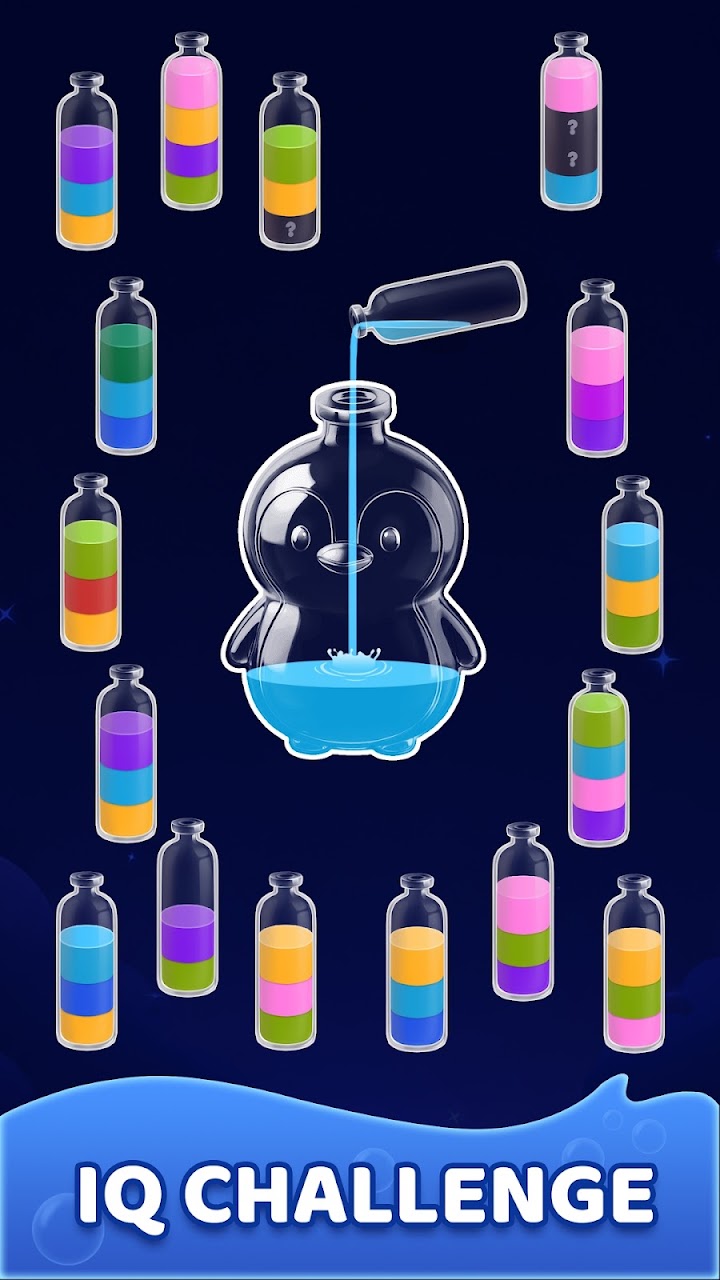 Water Sort: colorful bottles above a cat-shaped juice container.
