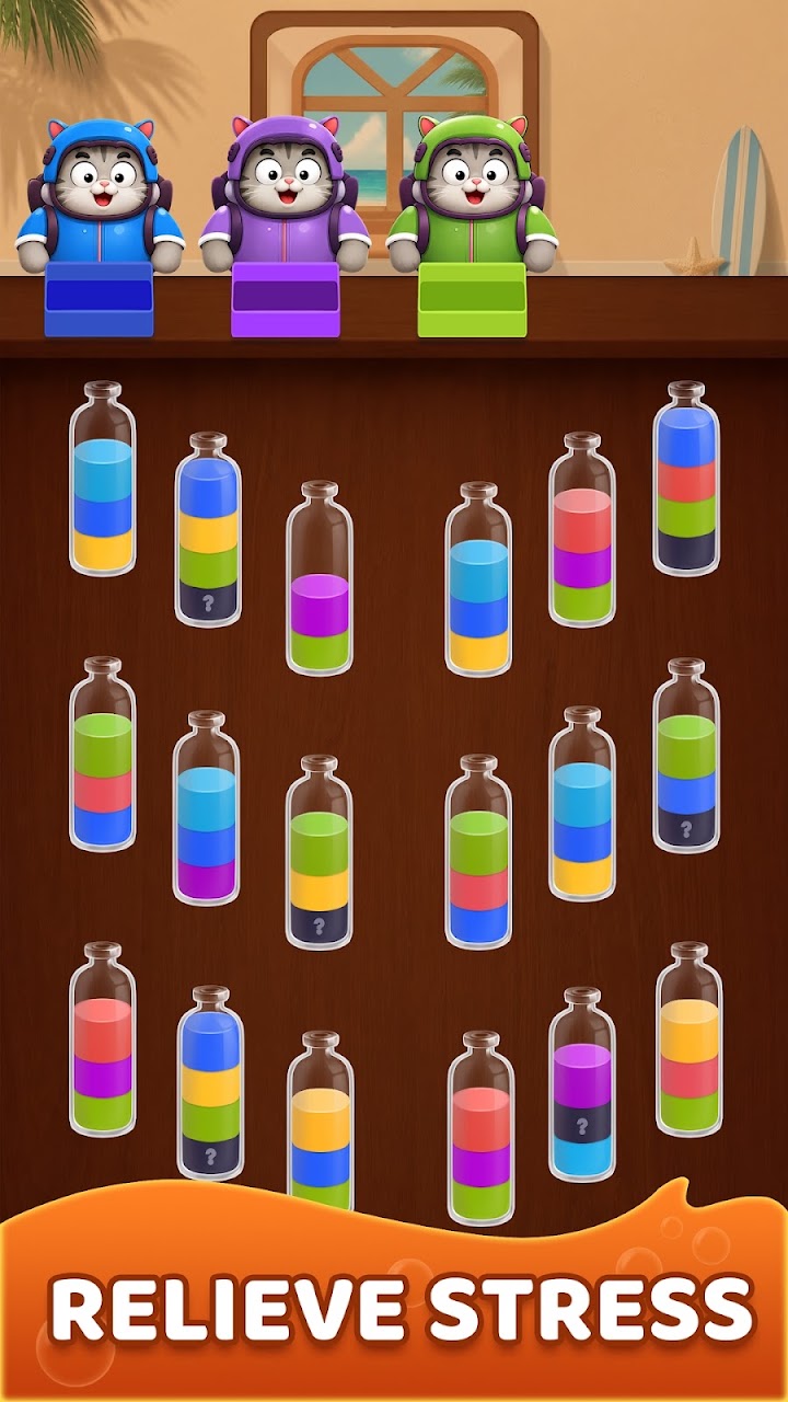 A Water Sort challenge with mixed colors and feline juice orders.